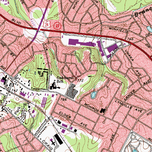 Topographic Map of Oakhurst, NC