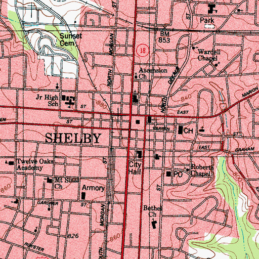 Topographic Map of Cleveland County Historical Museum, NC