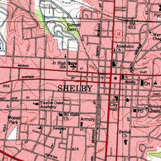 Topographic Map of Shelby Farmers Market, NC