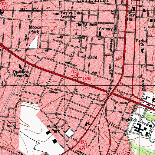 Topographic Map of Shelby Plaza Shopping Center, NC
