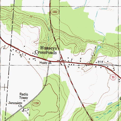 Topographic Map of Husseys Crossroads, NC