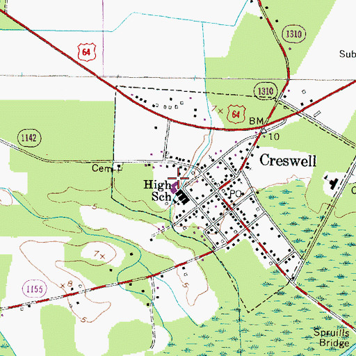 Topographic Map of Creswell Elementary School, NC