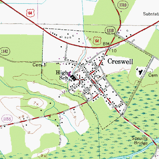 Topographic Map of Creswell High School, NC