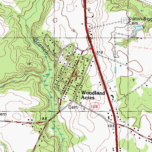 Topographic Map of Woodland Acres, NC