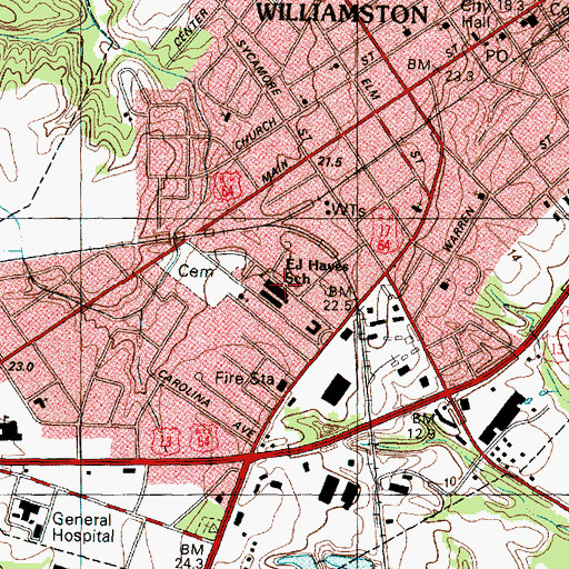 Topographic Map of E J Hayes School, NC
