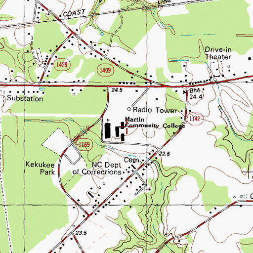 Topographic Map of Martin Community College, NC