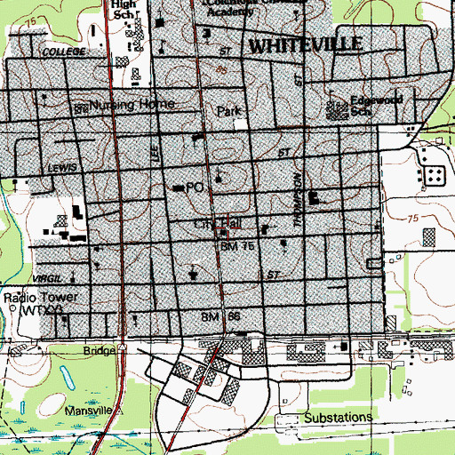 Topographic Map of Whiteville City Hall, NC