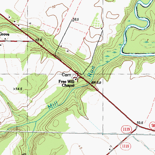 Topographic Map of Free Will Chapel, NC