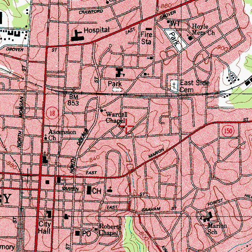 Topographic Map of Wardell Chapell, NC
