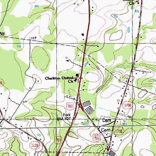 Topographic Map of Clarkton United Church, NC