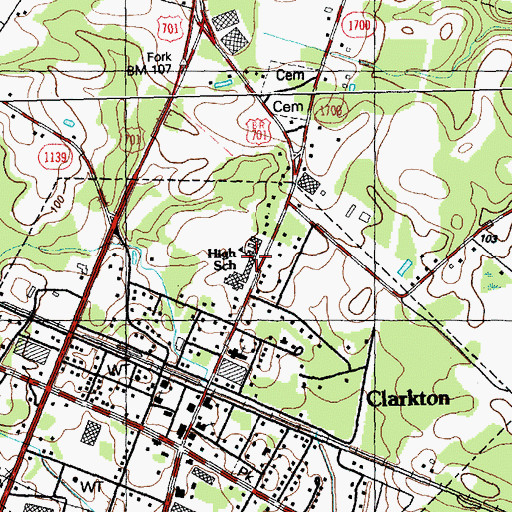 Topographic Map of Clarkton High School, NC