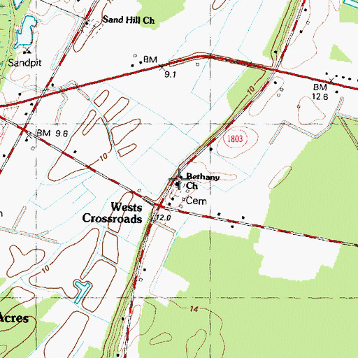 Topographic Map of Bethany Church, NC