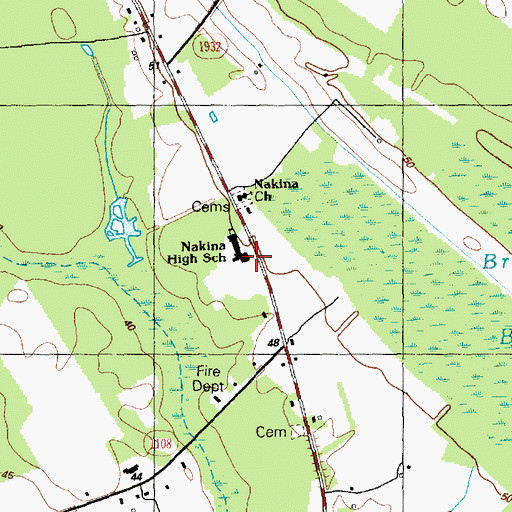 Topographic Map of Nakina High School, NC