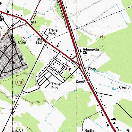 Topographic Map of Green Meadows, NC