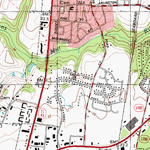 Topographic Map of Fairlane, NC