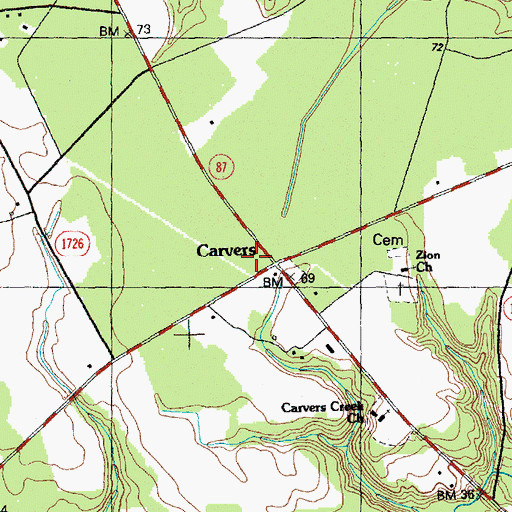 Topographic Map of Carvers, NC