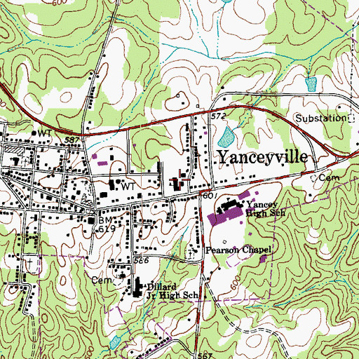 Topographic Map of Bartlett Yancey Elementary School, NC