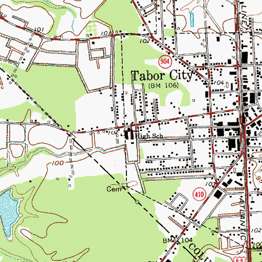Topographic Map of Tabor City West Junior High School, NC