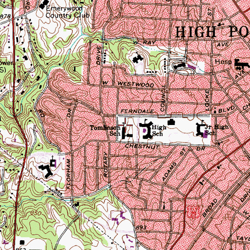 Topographic Map of High Point Central High School, NC