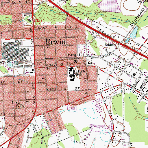 Topographic Map of Erwin Middle, NC