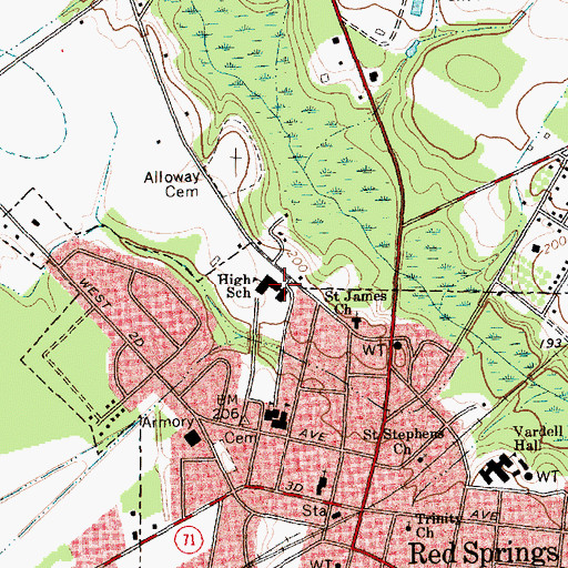 Topographic Map of Red Springs High School, NC