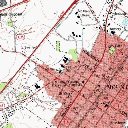 Topographic Map of Mount Olive Junior High School, NC