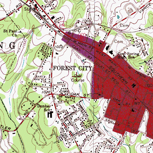 Topographic Map of Forest City Municipal Golf Course, NC