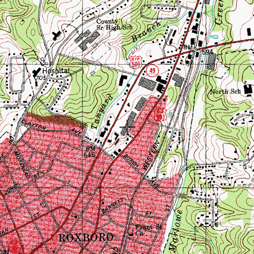 Topographic Map of Roxboro Plaza, NC