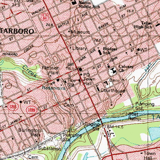 Topographic Map of Tarboro Town Hall, NC