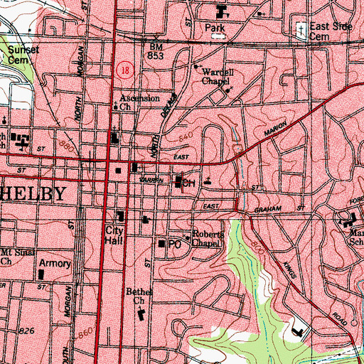 Topographic Map of Cleveland County Court House, NC