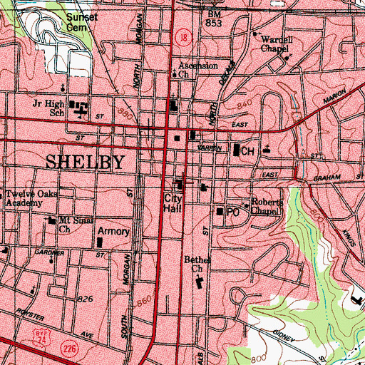 Topographic Map of Shelby City Hall, NC