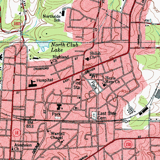 Topographic Map of Shelby Fire and Rescue Department Station 1, NC
