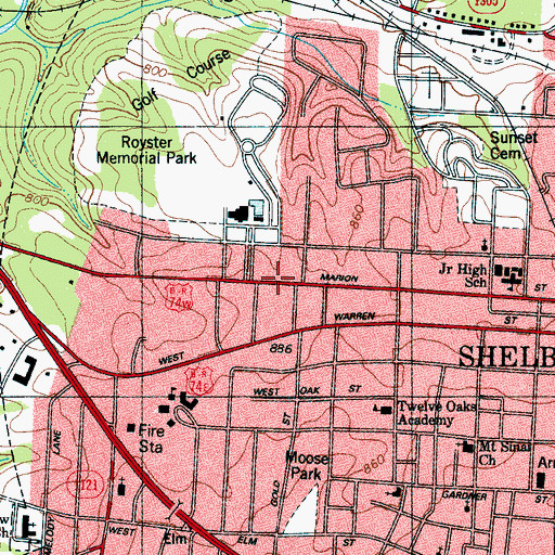 Topographic Map of Cleveland County Memorial Library, NC