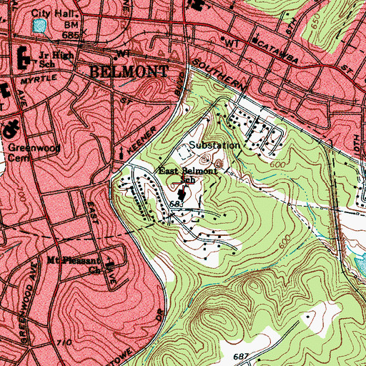 Topographic Map of East Belmont School, NC