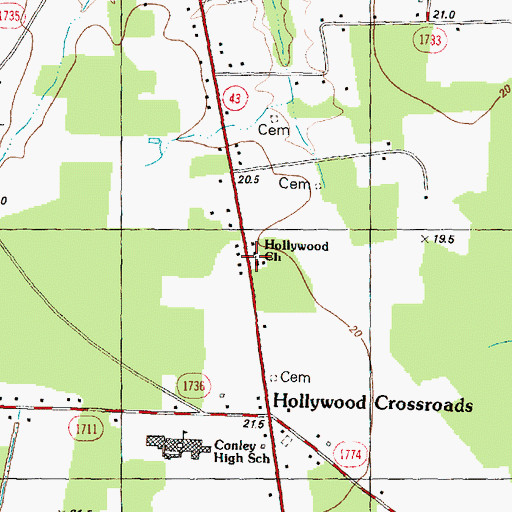 Topographic Map of Hollywood Church, NC