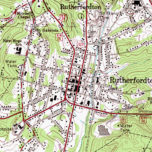 Topographic Map of Rutherford County Courthouse, NC