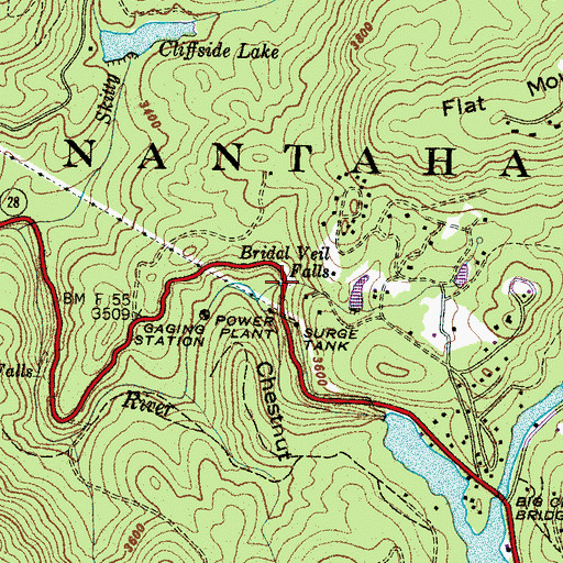Topographic Map of Bridal Veil Falls, NC