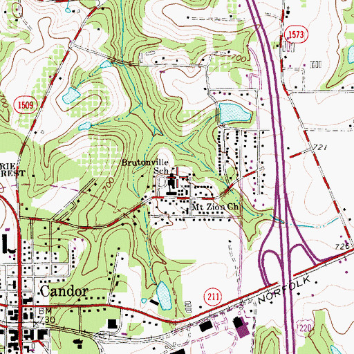 Topographic Map of Brutonville School, NC