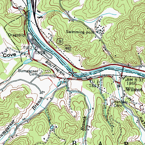 Topographic Map of Bumgarner Branch, NC
