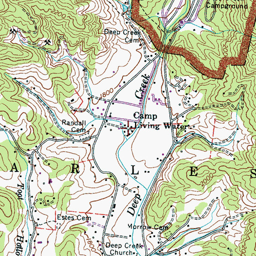 Topographic Map of Camp Living Water, NC