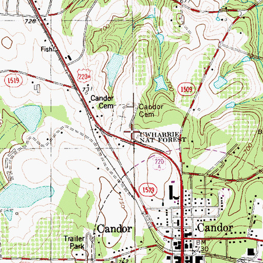 Topographic Map of Candor Cemetery, NC