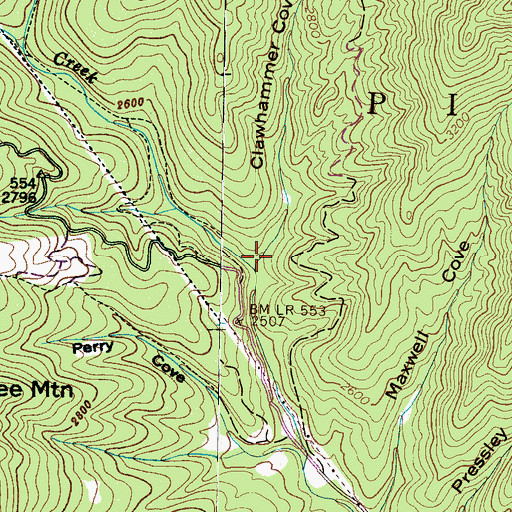 Topographic Map of Clawhammer Cove, NC