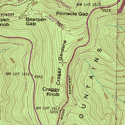 Topographic Map of Craggy Gardens, NC