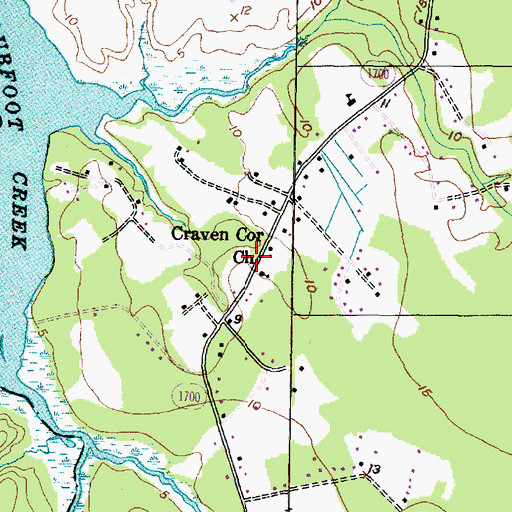 Topographic Map of Craven Cor Church, NC