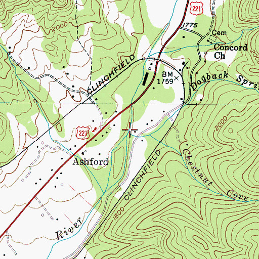 Topographic Map of Dogback Spring Branch, NC