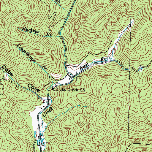 Topographic Map of East Fork Dicks Creek, NC