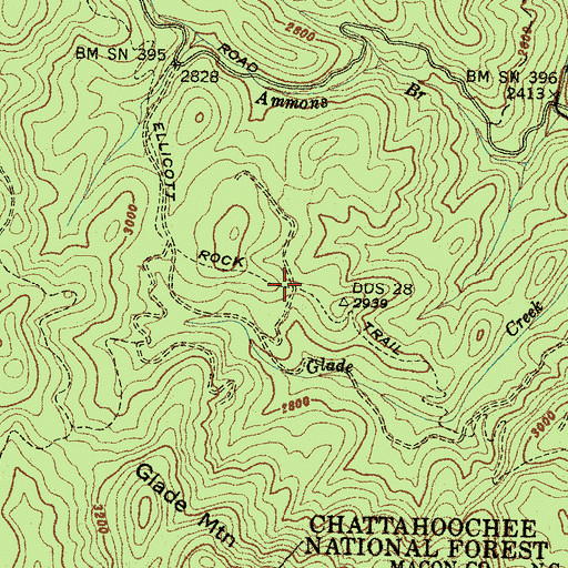 Topographic Map of Ellicott Rock Trail, NC