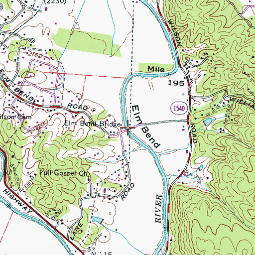 Topographic Map of Elm Bend Bridge, NC