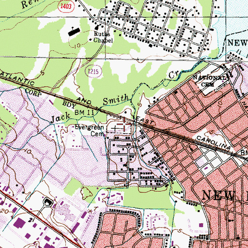 Topographic Map of Evergreen Cemetery, NC