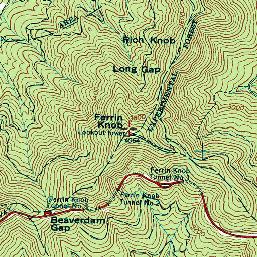 Topographic Map of Ferrin Knob, NC